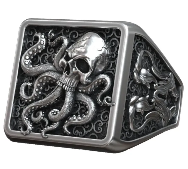 18g Octopus Skull Tentacle Sea Ornament Signet Art Ring 925 SOLID STERLING SILVE