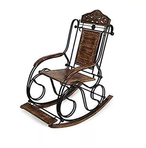 Hand Carved Wooden and Iron Rocking Chair For Diwali Decoration Resting Chair 3