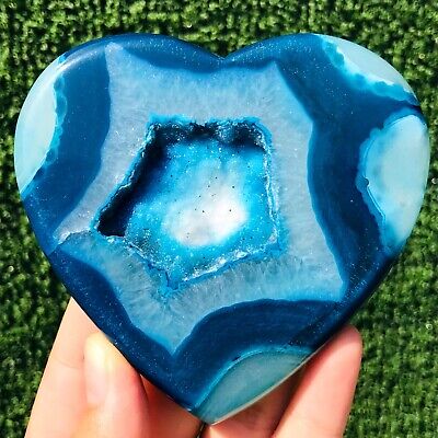 173G Rare Blue Agate Geode Heart Quartz Crystal Mineral Specimen Healing