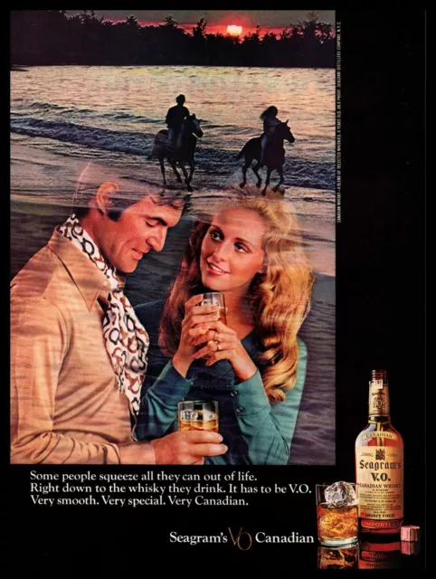 1970 Seagram's V. O. Canadian Whiskey Horseback Riding Couple On Beach Print Ad