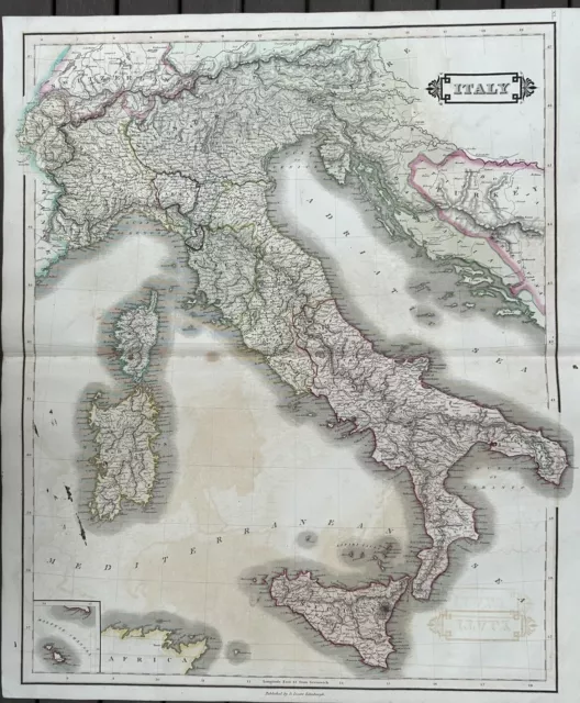 1828 Italy by Daniel Lizars Large Hand Coloured  Antique Map