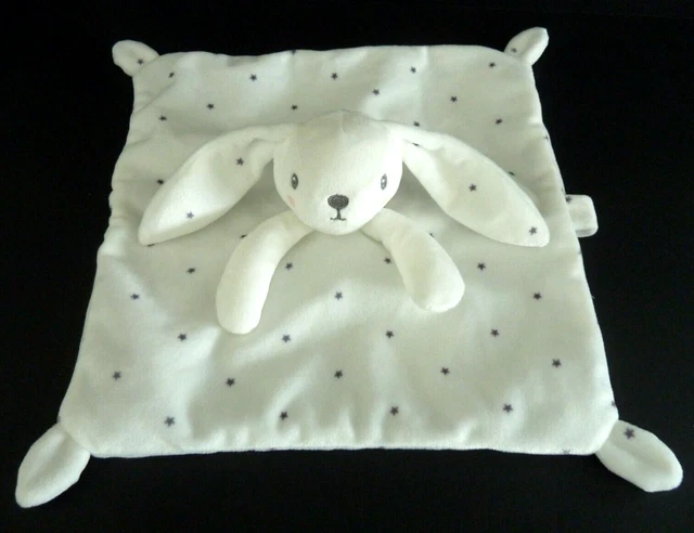 *. DOUDOU PLAT SIMBA EAC LAPIN blanc étoile gris attache tétine - ETAT NEUF *