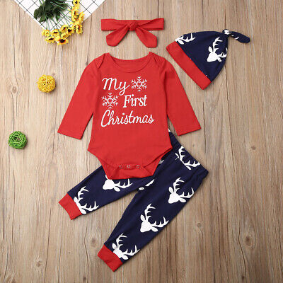 Christmas Outfits Toddler Kids Baby Boys Girls Romper Tops Pants Hat Clothes
