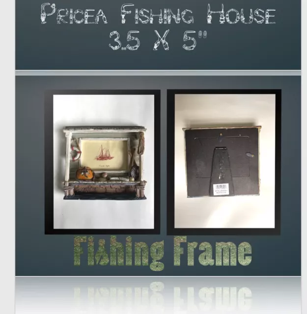 🐆 Pricea Fishing house rustic Picture frame ( Sz 3.5 x 5 ) RARE