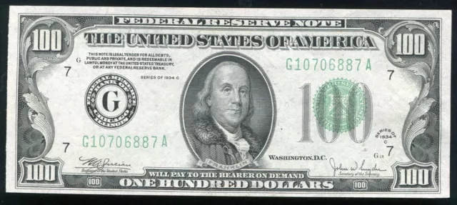 Fr. 2155-G 1934-C $100 One Hundred Dollars Frn Federal Reserve Note Unc