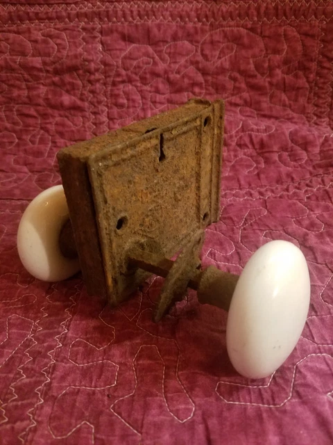 Vintage round White Porcelain Door Knobs with lock plate and perm post steampunk