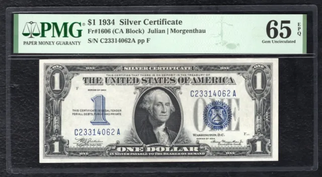 Fr 1606 1934 $1 “Funnyback” Silver Certificate Note Pmg Gem Uncirculated-65Epq