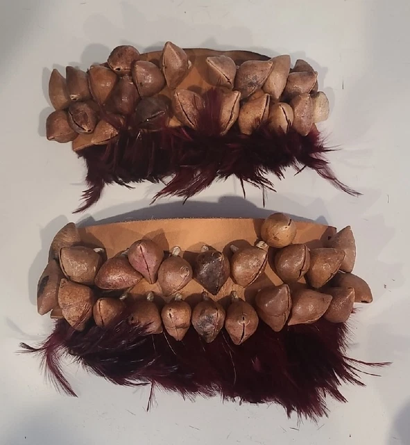 Native American Dance Rattles Ceremonial Leg Bands -Nut Shells Feathers Leather