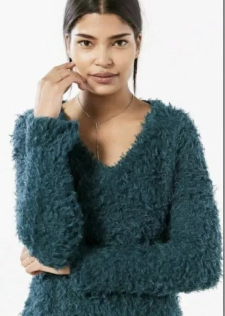 Kimchi Blue Pullover V-Neck Teddy Sweater Teal Size Small Cozy Chic Shag Fuzzy