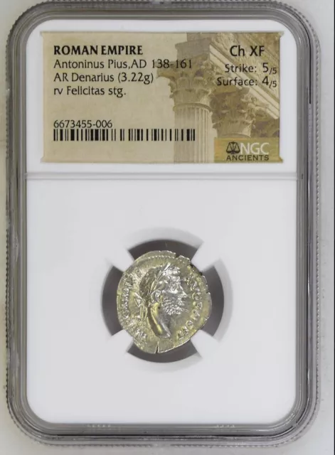 Roman Empire - Antoninus Pius - AD 138-161 - Silver Denarius - NGC Ch XF