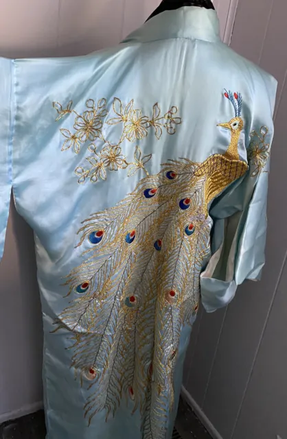 Vintage Japanese Kimono Silk Haori Peacock Feather Blue Gold Embroidered