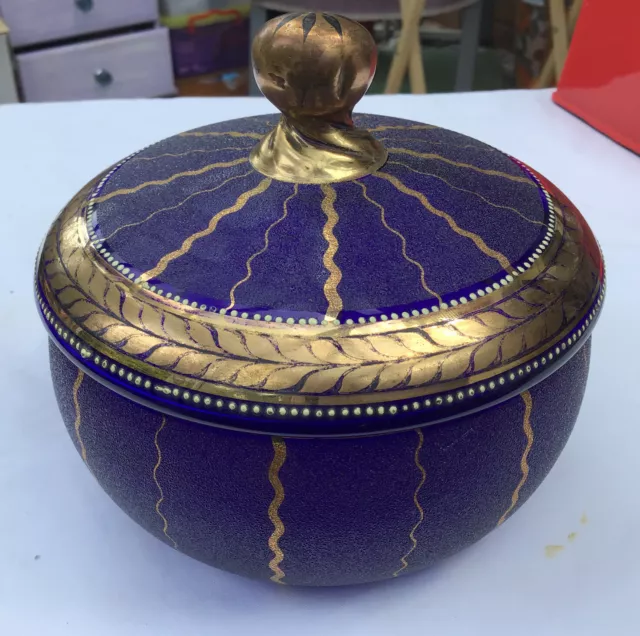 Victorian /Early 20th Century blue glass powder Jar with lid And Gold Detail