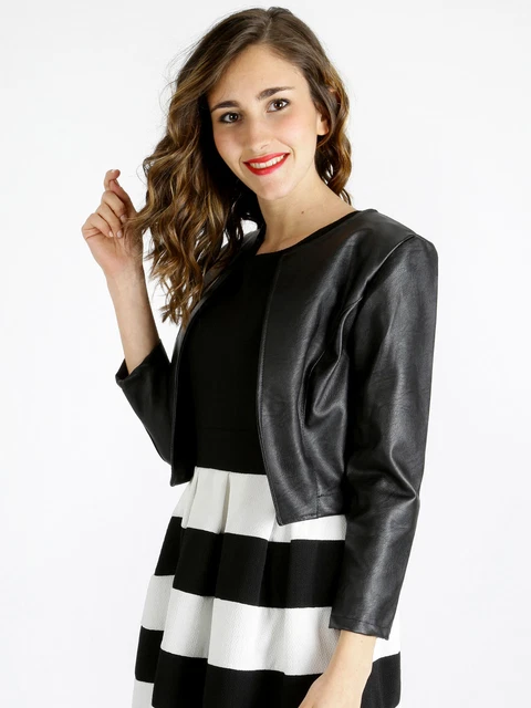 Giacca Corta In Ecopelle Donna - Bolero Senza Chiusura Con Maniche Arricciate - Foto 4