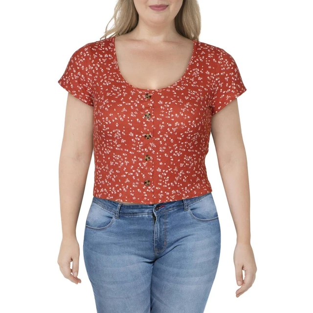Hippie Rose Womens Red Floral Scoop Neckline Top Shirt Juniors XL  7898