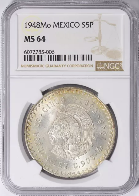 1948 Mexico Silver 5 Pesos Cuauhtemoc NGC MS64