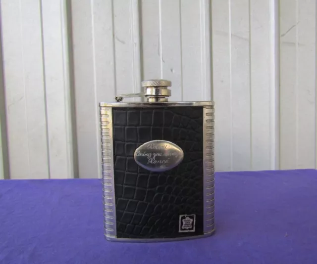 Hip Flask Coyote Stainless Steel Echtes Leder Leather Engraved Used Vintage