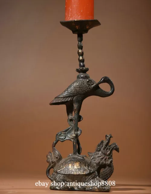 9" Old Tibet Bronze Gilt Crane Bird Dragon Turtle Candle Holder Candlestick Pair 3