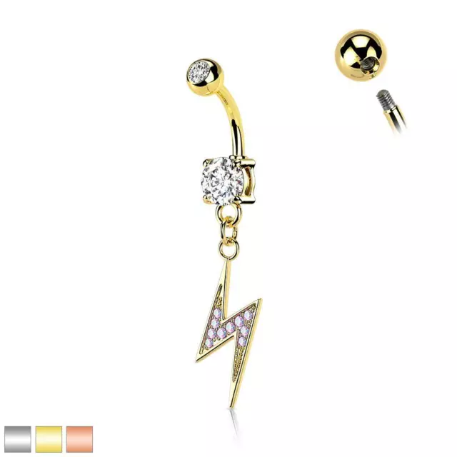 Lightning Bolt Paved with AB CZ Dangle 316L Surgical Steel Belly Button Ring