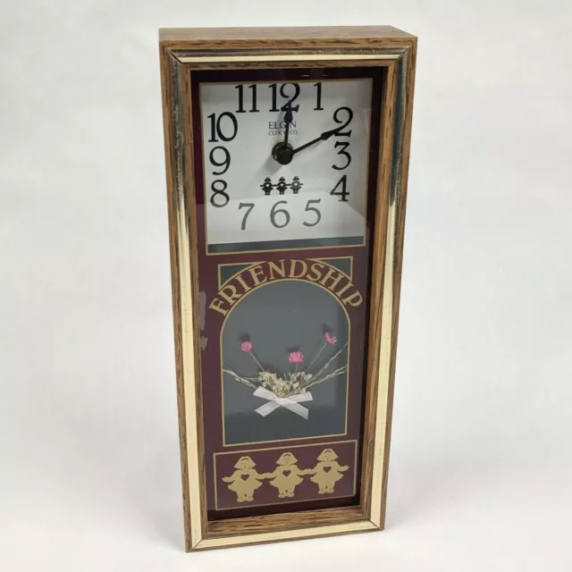 Vintage ELGIN Quartz Clock Shadow Box Glass Wooden Wall Mount Rectangular Decor