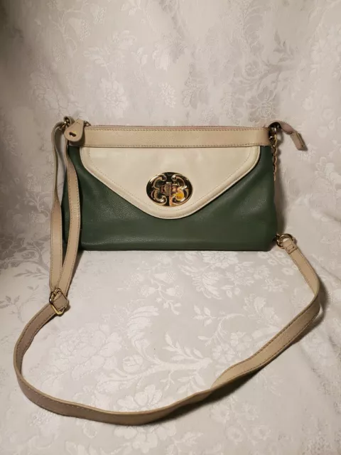 Emma Fox Classics Envelope Crossbody  Pebbled Green Beige Leather Handbag Nice