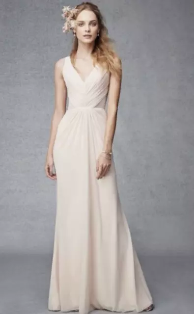 Monique Lhuillier Bridesmaids Chiffon Maxi Dress Size S Pink Sleeveless V-Neck