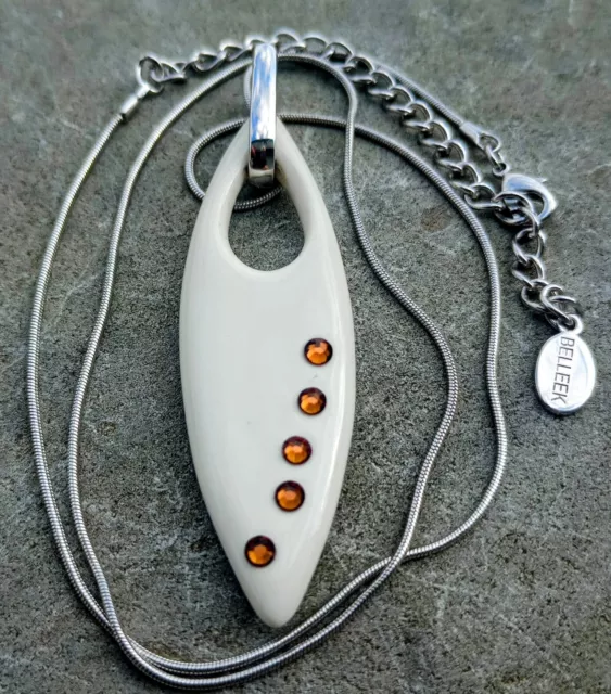 BELLEEK LIVING Pendant:Tan Ceramic,SURF BOARD SHAPE,5 ORANGE Gems; Necklace 18"+