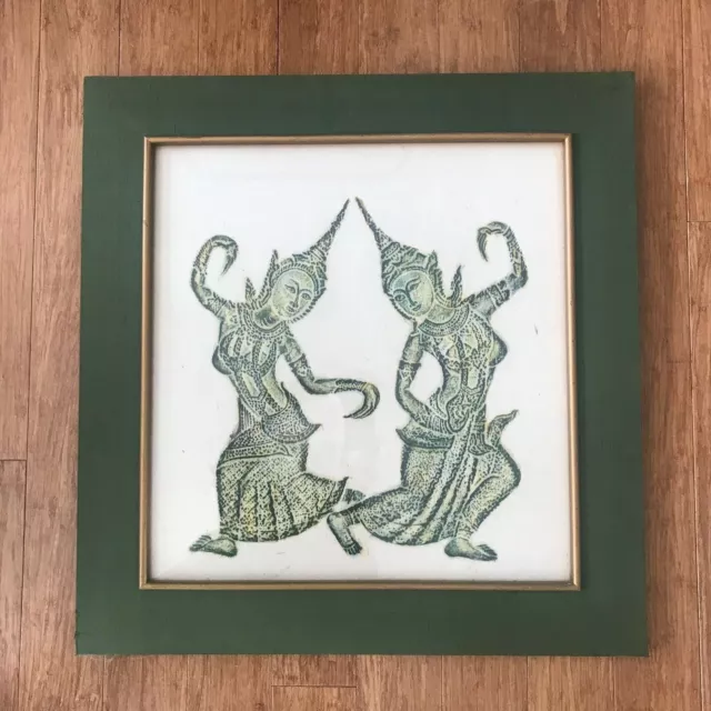 REDUCED!  Outstanding Quality Vintage  Thai Temple Rubbing w/two Green Dancers