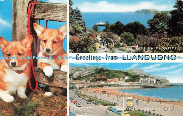 R681413 Greetings from Llandudno. The Happy Valley. Promenade and Great Orme. J.