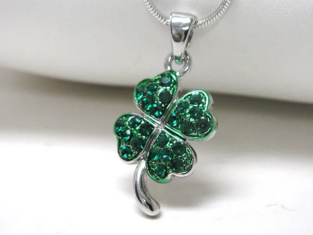 New Crystal Shamrock Green Four Leaf Clover St. Patrick's Day Pendant Necklace