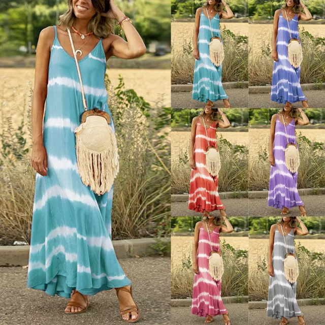 Women's Tie Dye Strappy Maxi Dress Baggy Kaftan Beach Holiday Sundress Plus Size