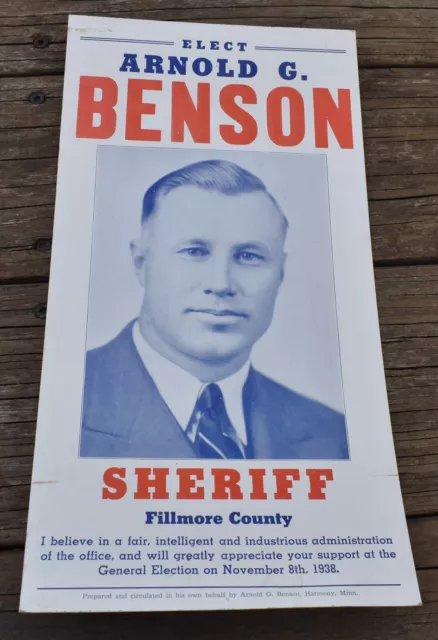Vintage 1938 Fillmore County Minnesota Arnold Benson for Sheriff Campaign Poster