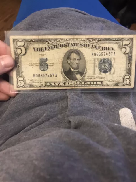 1934 Five Dollar Blue Seal Note Silver Certificate Old US Bill