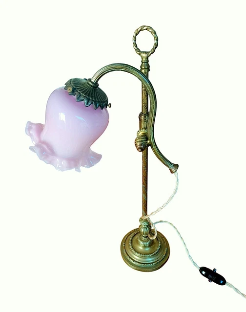 Lampe Bureau Opaline Orientable Blanche Et Verte, Pied Laiton Cuivre