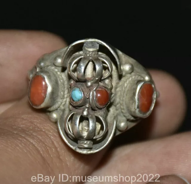 1.2" Ancient Tibet Silver Inlay Runner Coral Red Gem Jewelry Finger Ring Ring