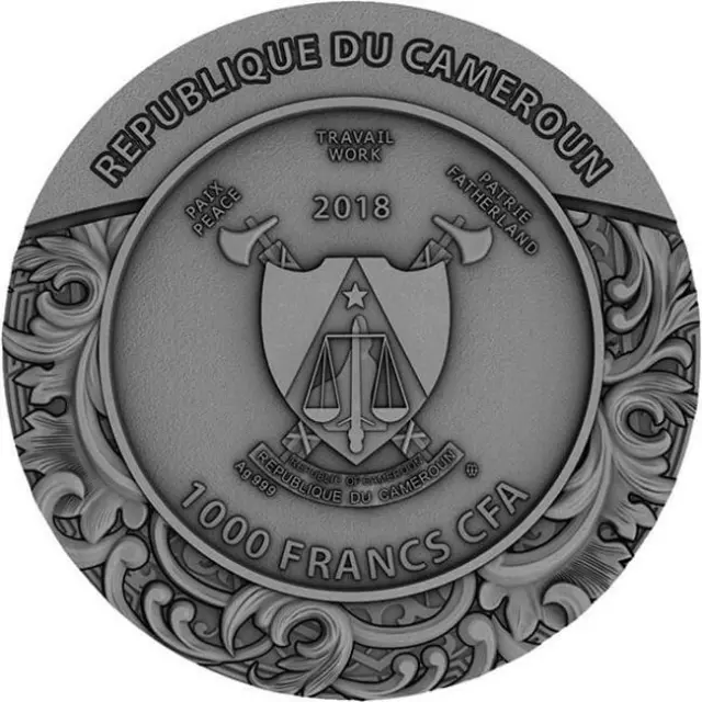 2018 Cameroon Carved Skull II 1 oz Antique finish Silver Coin 1000 Francs 2