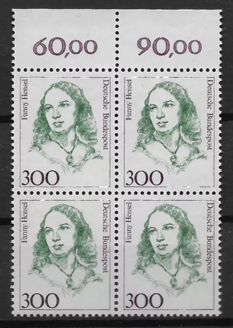 Bund 1989 ** Mi 1433 Frauen 300Pf im Viererblock VB 4er Block Oberrand OR 03734B