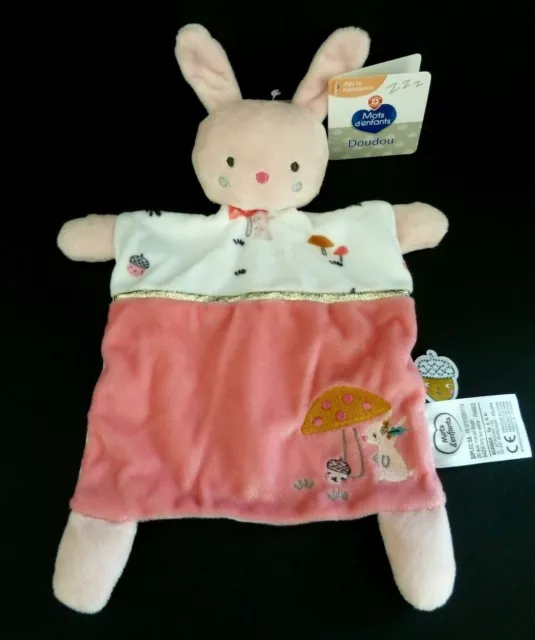 S5. Doudou Plat Mots D'enfants Lapin Rose Blanc Champignon Gland 100% Neuf
