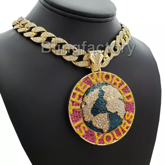 The World Is Yours Pendant & 18" Iced Cuban Chain Hip Hop Bust Down Necklace