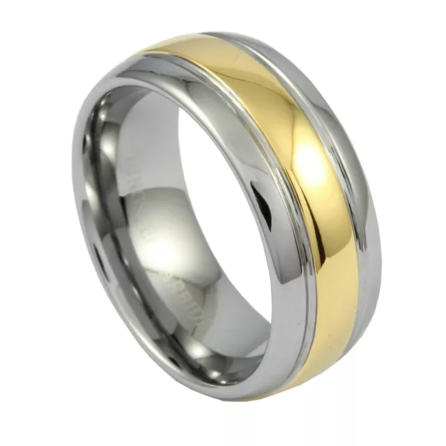 Mens Tungsten Carbide Ring Gold Band Highly Polish Grooved Dome Wedding Band 8mm