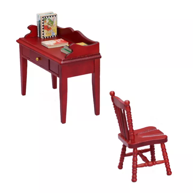 Mini Dollhouse Desk & Chair Set, Wooden Furniture for 1/12 Scale Decoration-