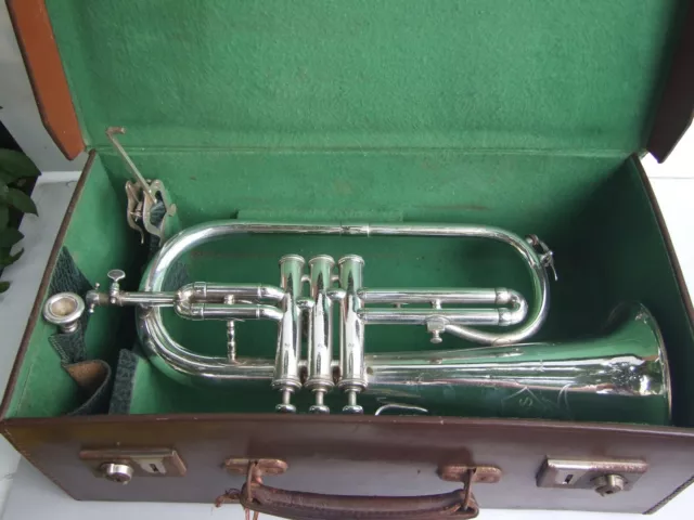 Antique Silver Plate Meritas Italian Made Flugelhorn Solid Hide Case Ser.no 5062