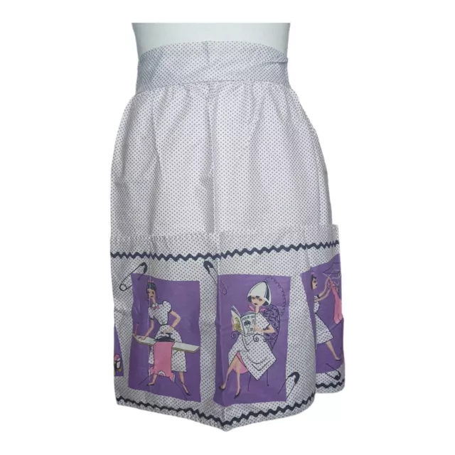 NOS Vintage MCM 50s 60s Half Apron Purple White Black Polka Dot Housework Iron