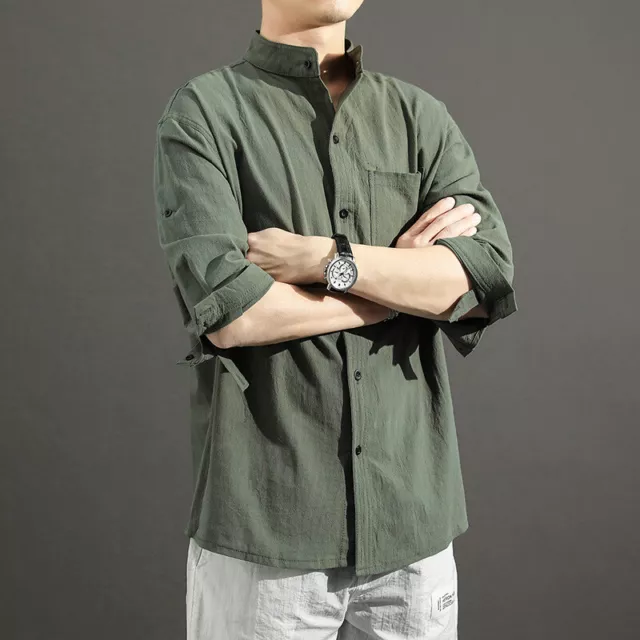 Men's Japanese Casual Shirt Cotton Linen Short Sleeve Thin Loose Stand-Up Tops