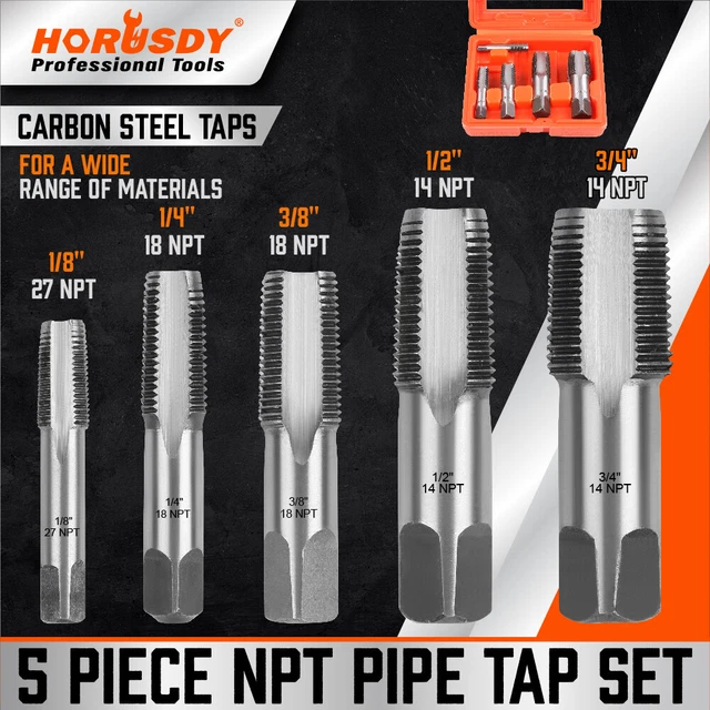 5PC HSS TAPER NPT Pipe Thread Tap Set HSS Screw Cutting 1/8" 1/4" 3/8 ...