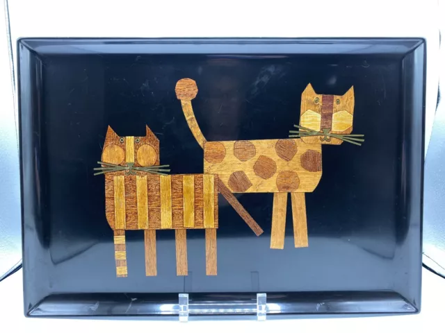 VTG 1960s COUROC TWO KITTY CATS Mid Century Modern Handcrafted SERVING TRAY /ro