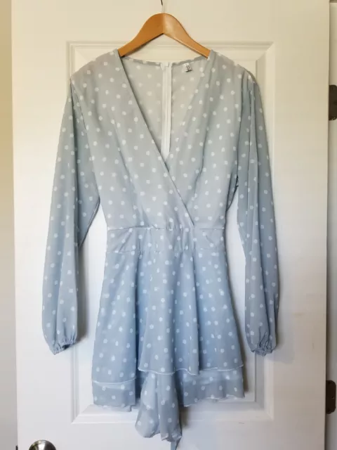 Baby Blue Polka Dot Long Sleeve V Neck Chiffon Romper Women's Size Large