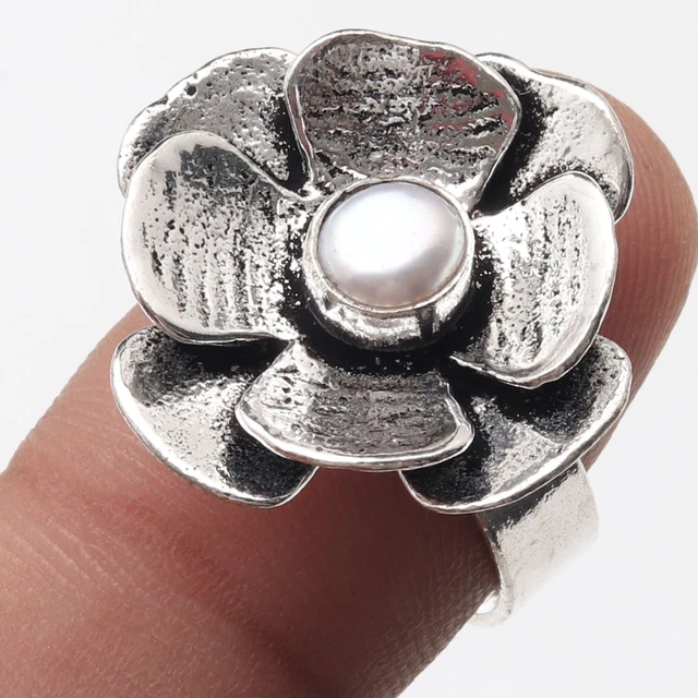 K15188 Pearl Silver Plated Flower Style Ring US 9 Gemstone Jewelry