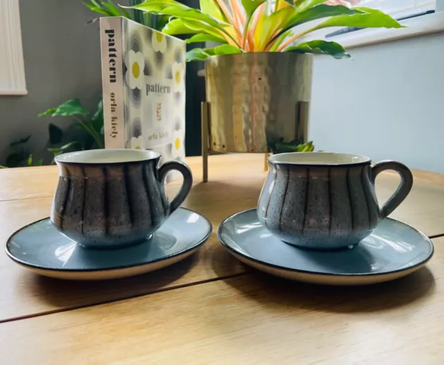 2 Vintage Denby Bourne Studio Grey Striped Stonewear Pair of Tea Cups & Saucers