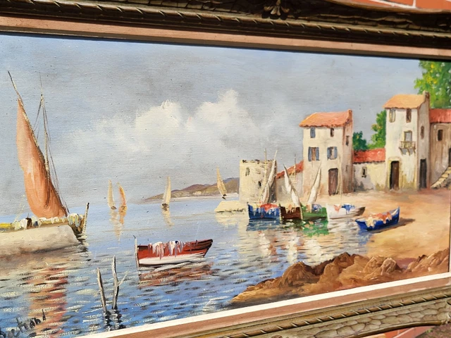 Tableau signée. Paysage Marin : Bateaux Maison. Peinture huile sur toile.