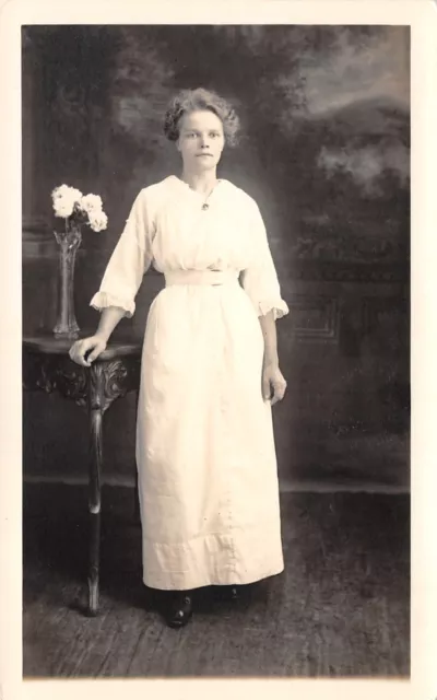 Fitchburg MA Lady in White w/White Flowers in Vase~Richard Kautto RPPC c1910